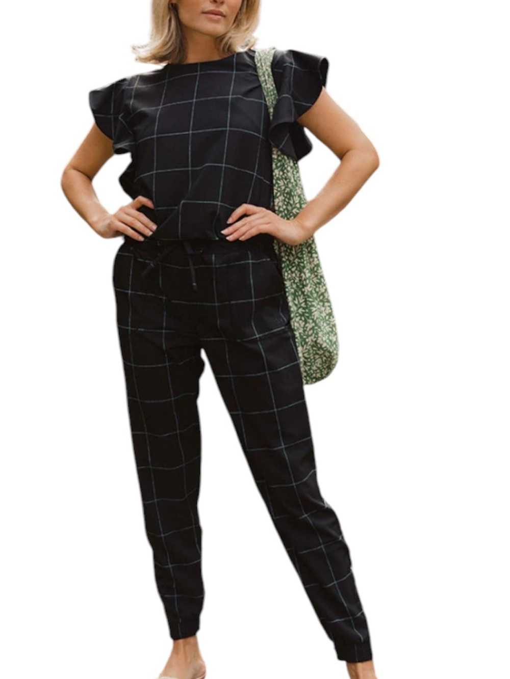 Albion 9 to 9 Jumpsuit Black Windowpane Ruffle Sleeve Stretch Medium